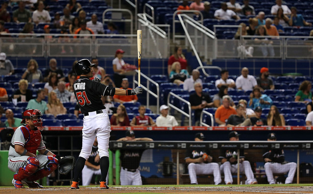 MIAMI, FL - AUGUST 22:  Ichiro Suzuki #51 of the Miami Marlins hits during a game against the Philadelphia Phillies at Marlins Park on August 22, 2015 in Miami, Florida.  (Photo by Mike Ehrmann/Getty Images)